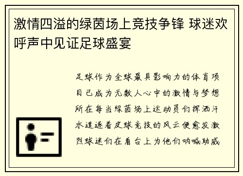 激情四溢的绿茵场上竞技争锋 球迷欢呼声中见证足球盛宴