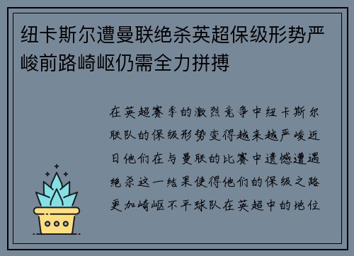 纽卡斯尔遭曼联绝杀英超保级形势严峻前路崎岖仍需全力拼搏