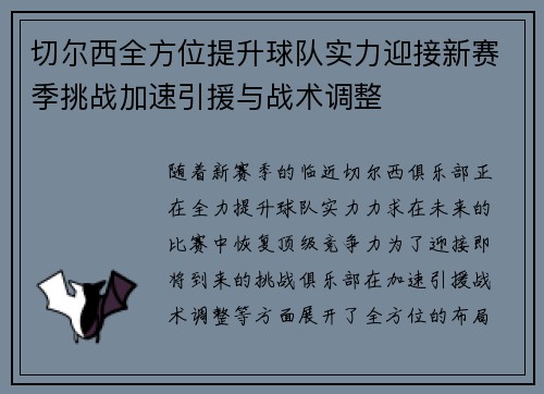 切尔西全方位提升球队实力迎接新赛季挑战加速引援与战术调整