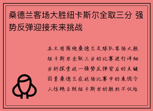 桑德兰客场大胜纽卡斯尔全取三分 强势反弹迎接未来挑战