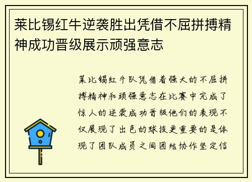 莱比锡红牛逆袭胜出凭借不屈拼搏精神成功晋级展示顽强意志
